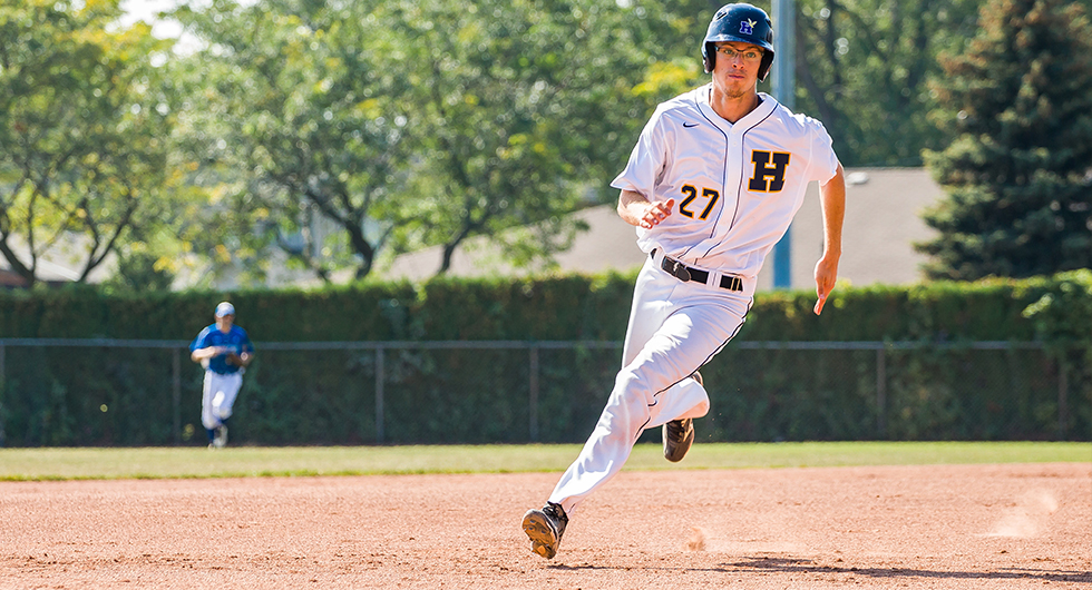 BASEBALL SWEEPS GEORGE BROWN; MOVES INTO FIRST PLACE
