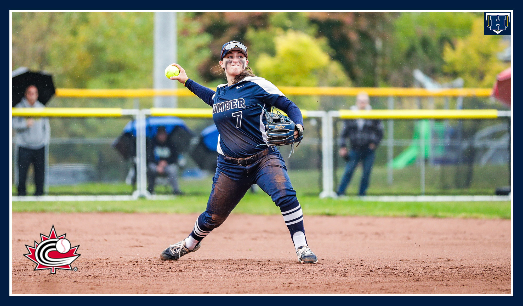 Reese Velocci throwing a ball in game for Humber softball