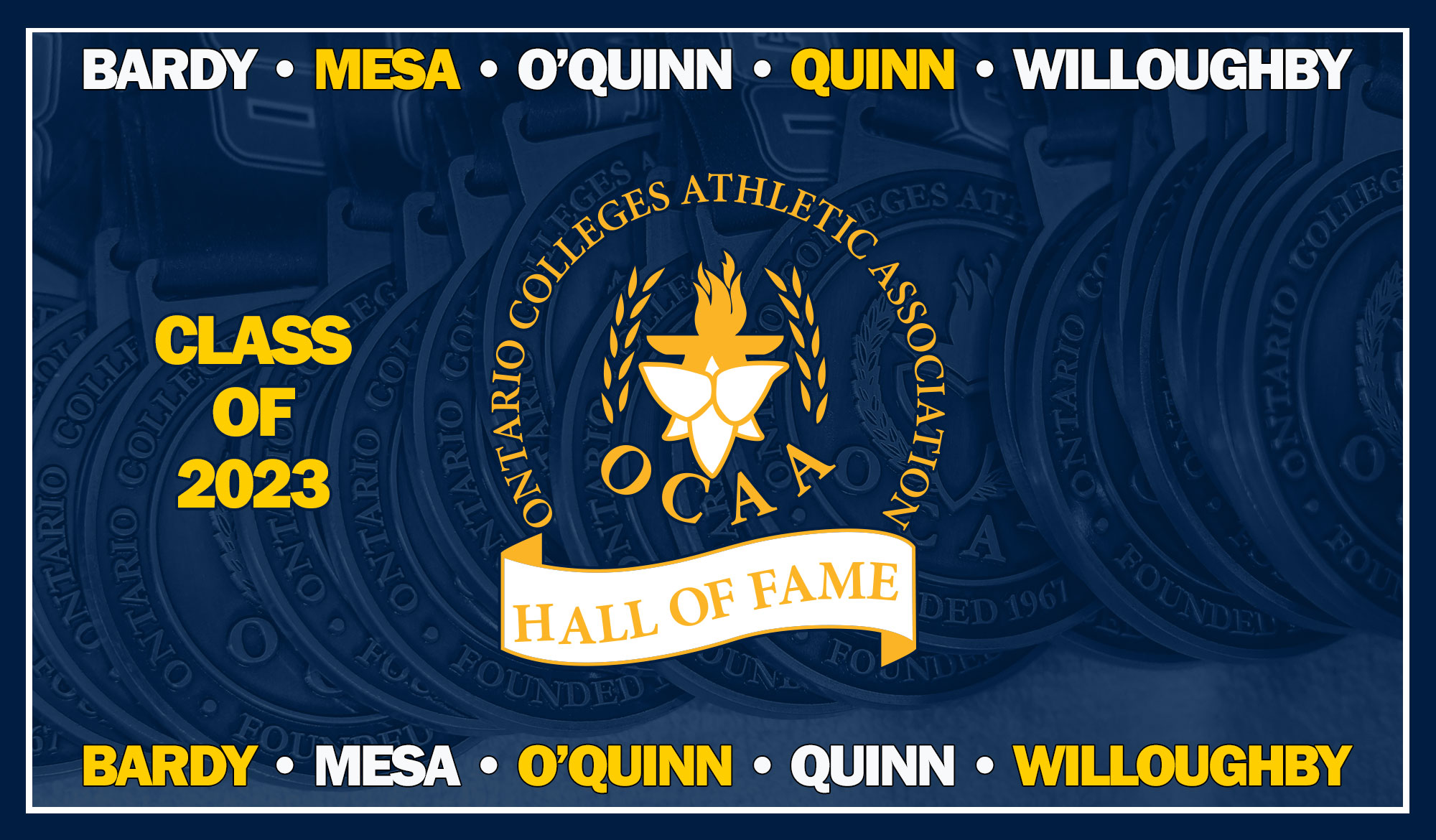 OCAA Hall of Fame logo with words: Bardy, Mesa, O'Quinn, Quinn, Willoughby