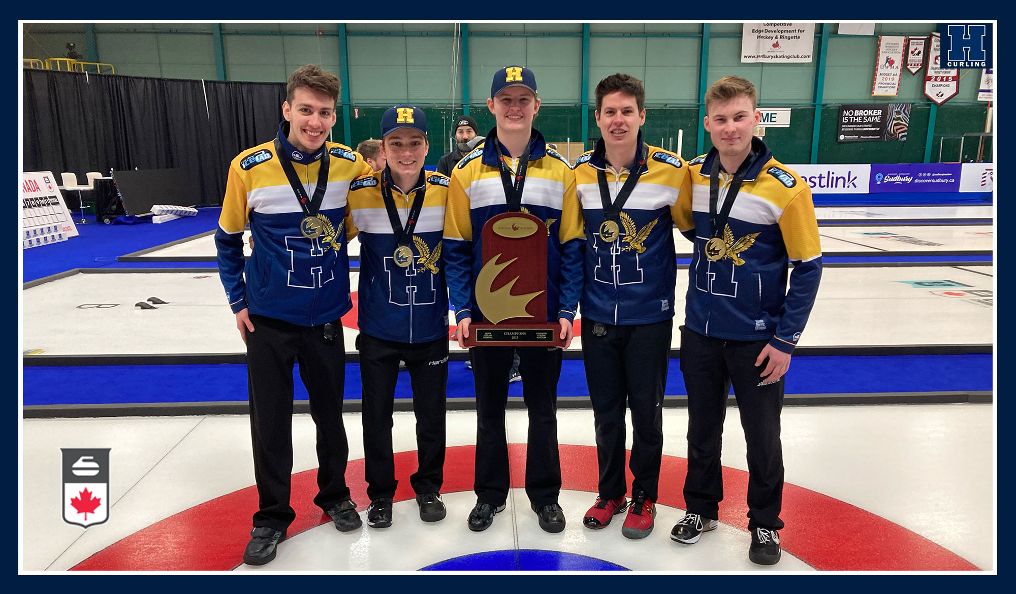 Men's curling team posing with the trophy