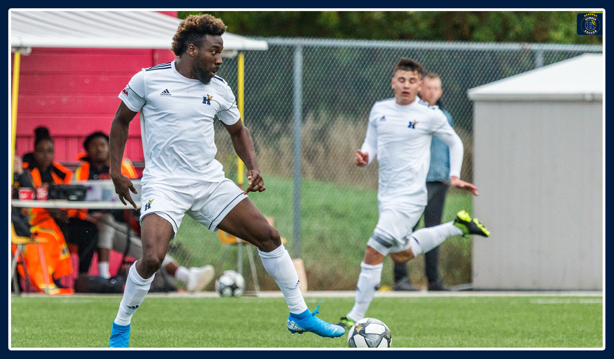 Leaford Allen bringing up the ball in a match for Humber soccer