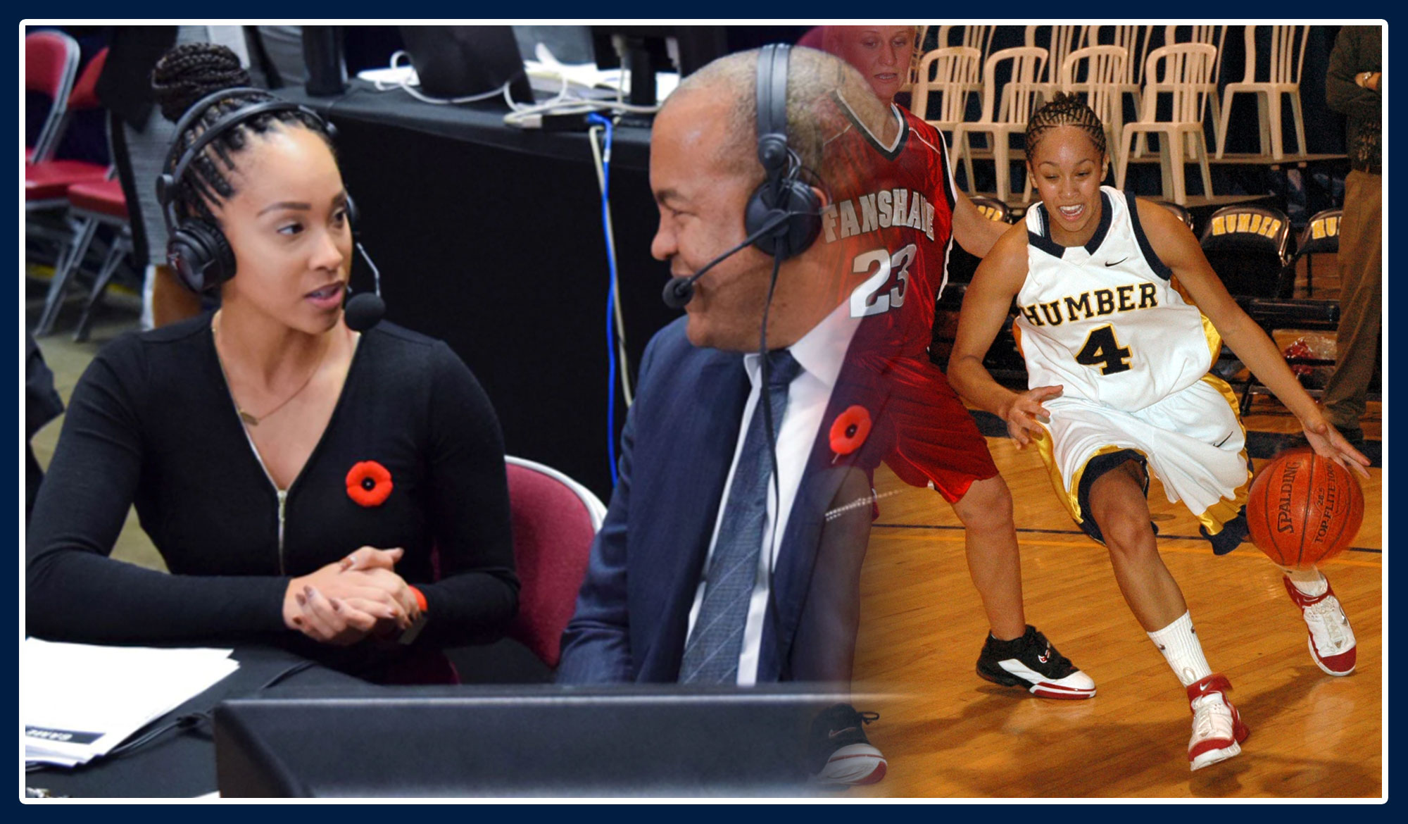 Meghan McPeak doing an interview beside a photo of her playing basketball for Humber