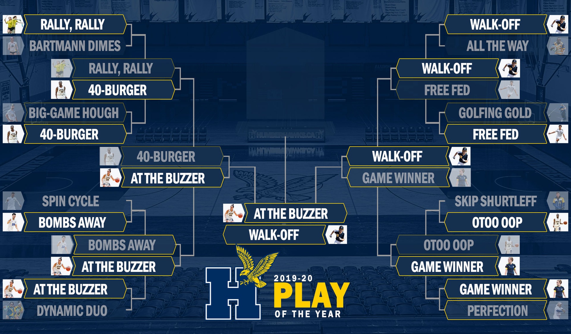 Updated Play of the Year bracket - semifinal results. Walk-off versus at the buzzer in the finals.
