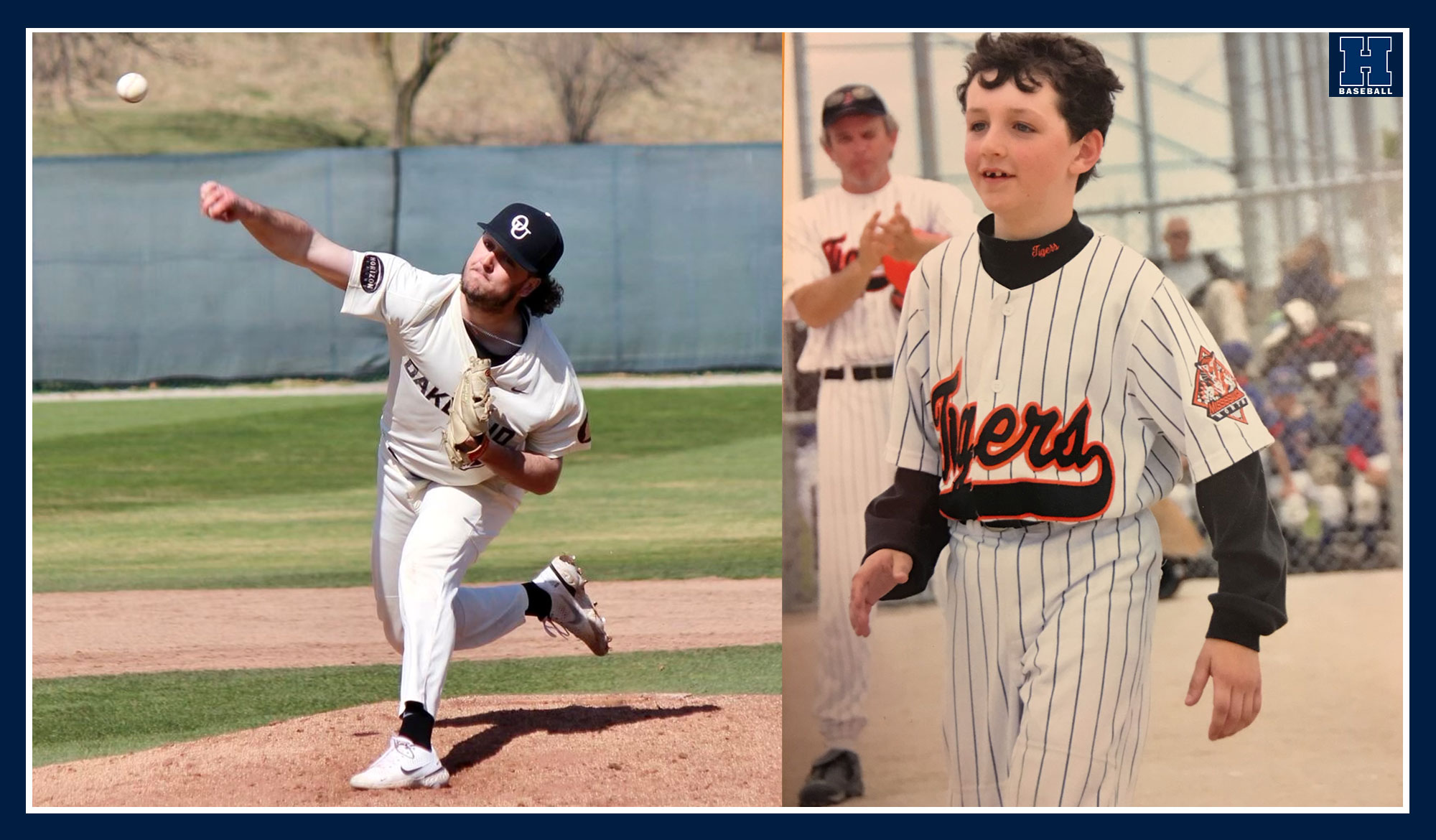 Split screen of Deans pitching at Oakland and as a child playing for the Tigers