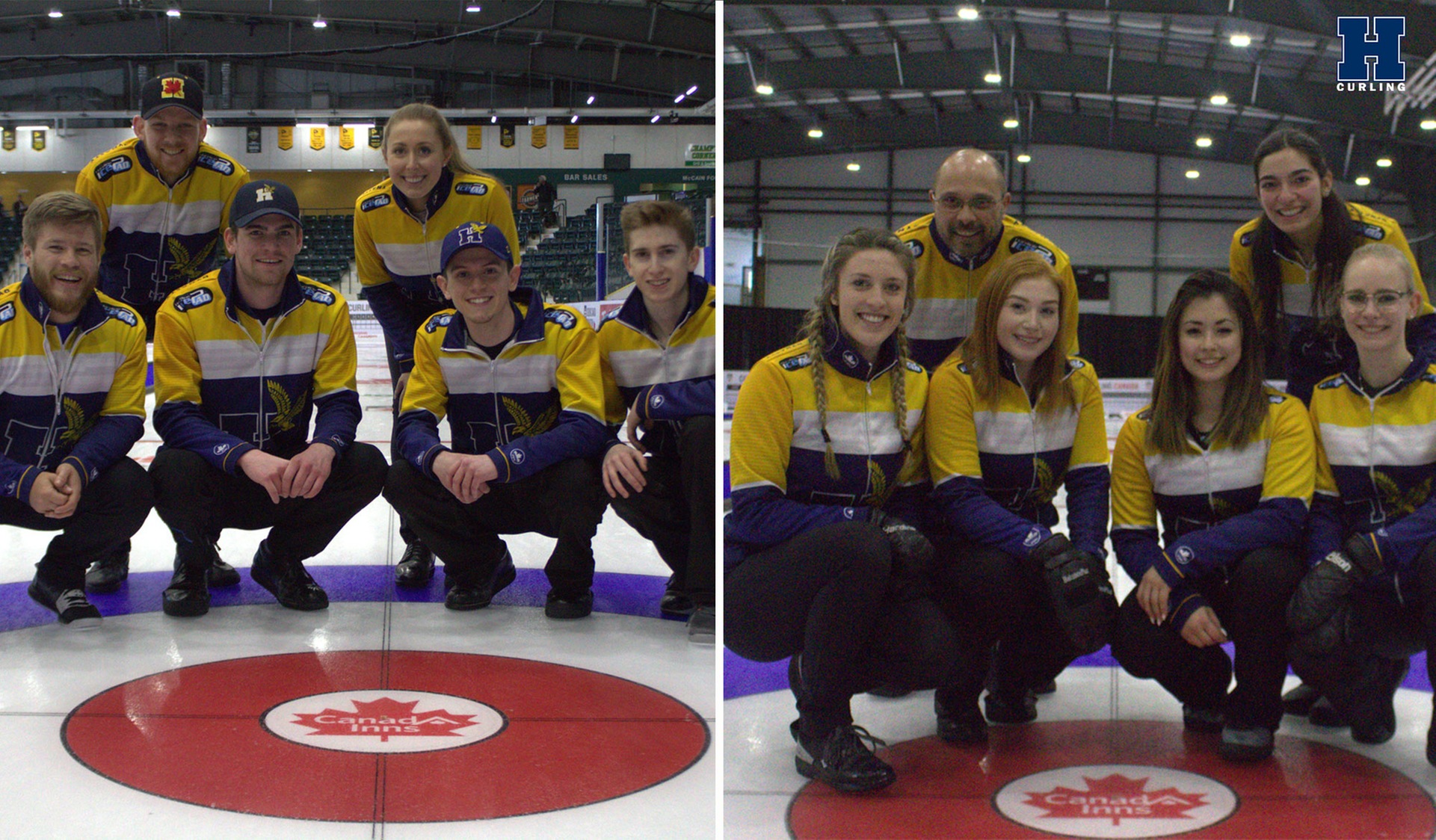 Split-screen picture of the men's and women's curling teams