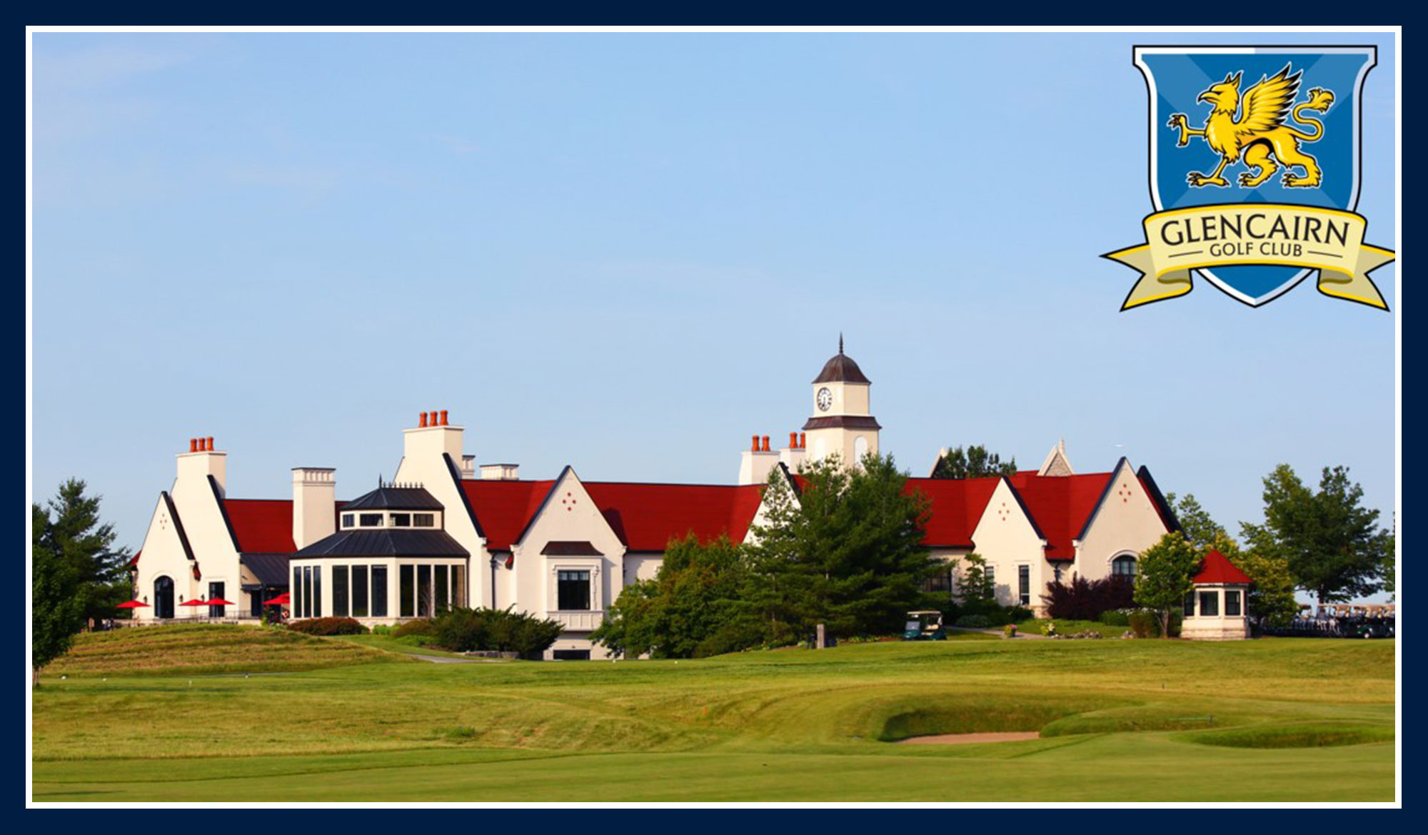 Image of the Glencairn clubhouse with the course logo
