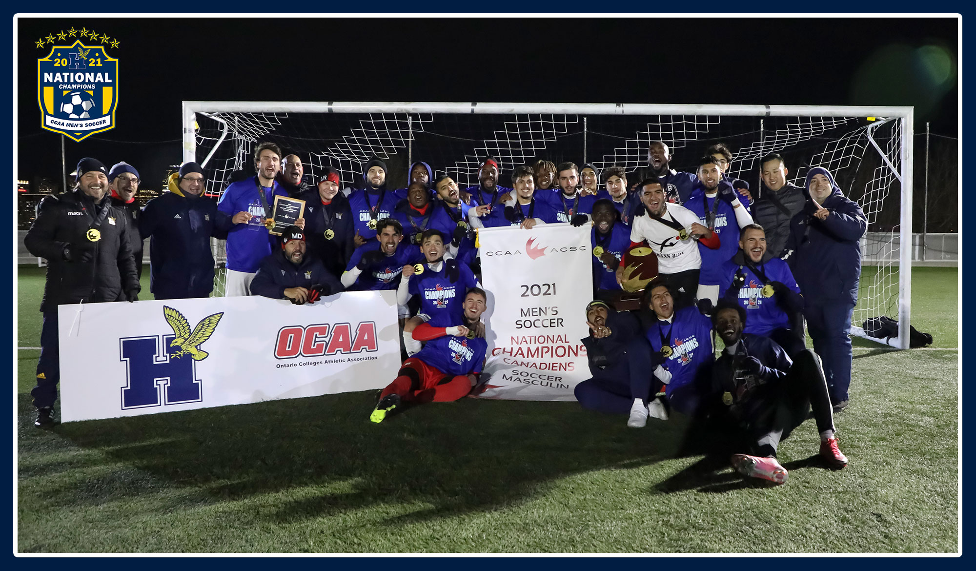 Men's soccer team photo after winning the national championship