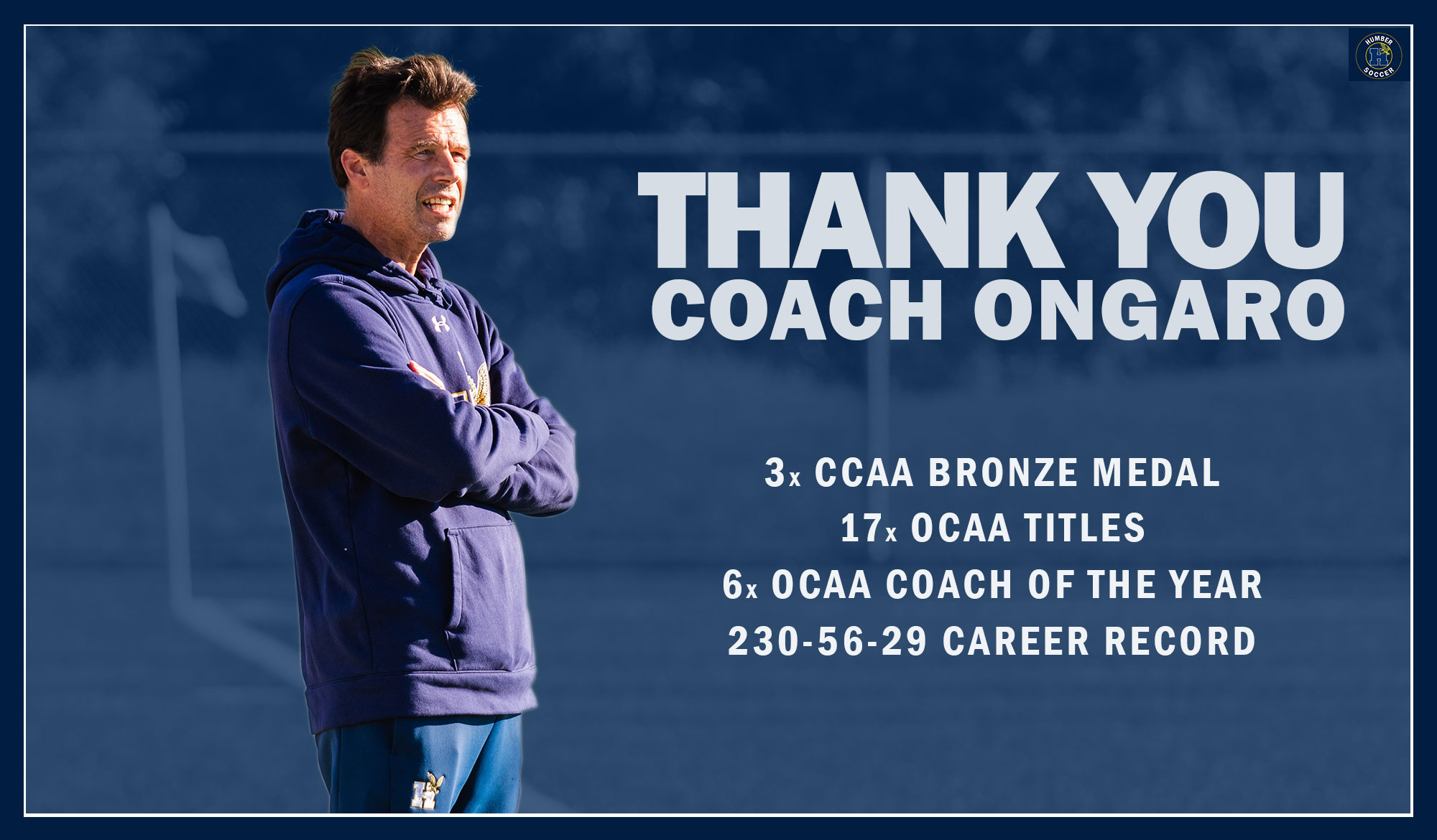 Thank you, Coach Ongaro

3x CCAA Bronze Medal
17x OCAA Titles
6x OCAA Coach of the Year
230-56-29 Career Record