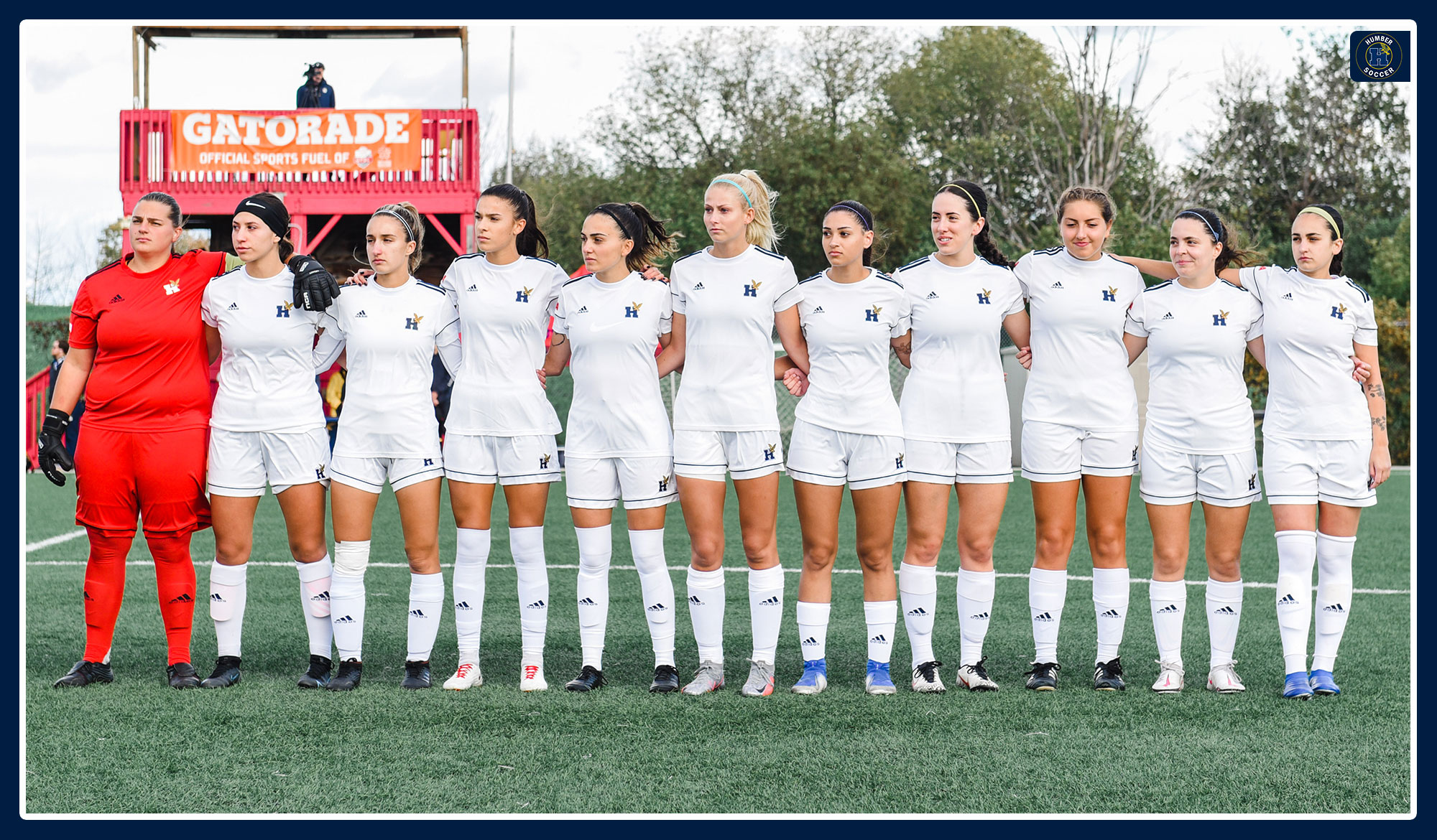 Humber women's soccer lines up before a match.