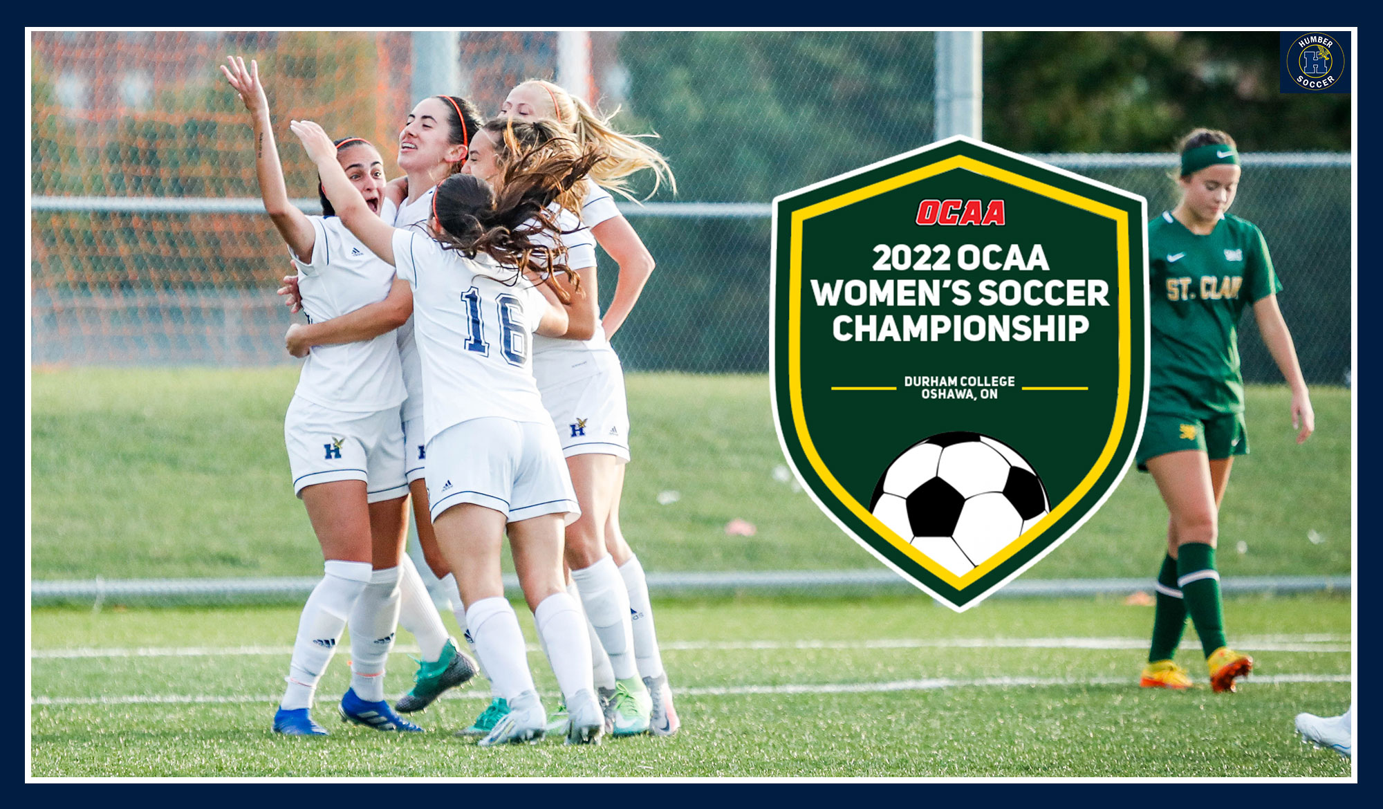 Women's soccer celebrating with the tournament logo
