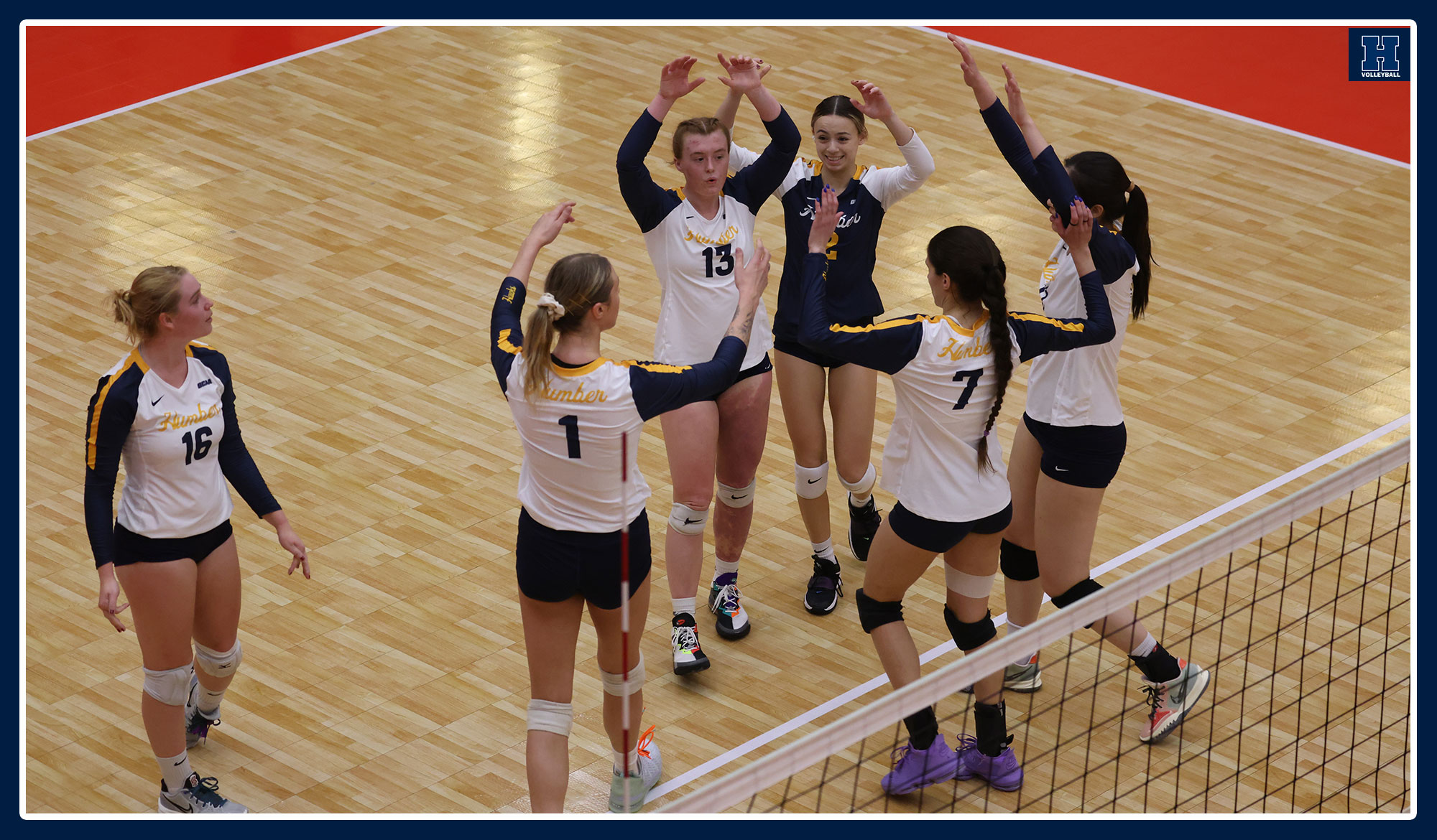 Women's volleyball celebrating a point